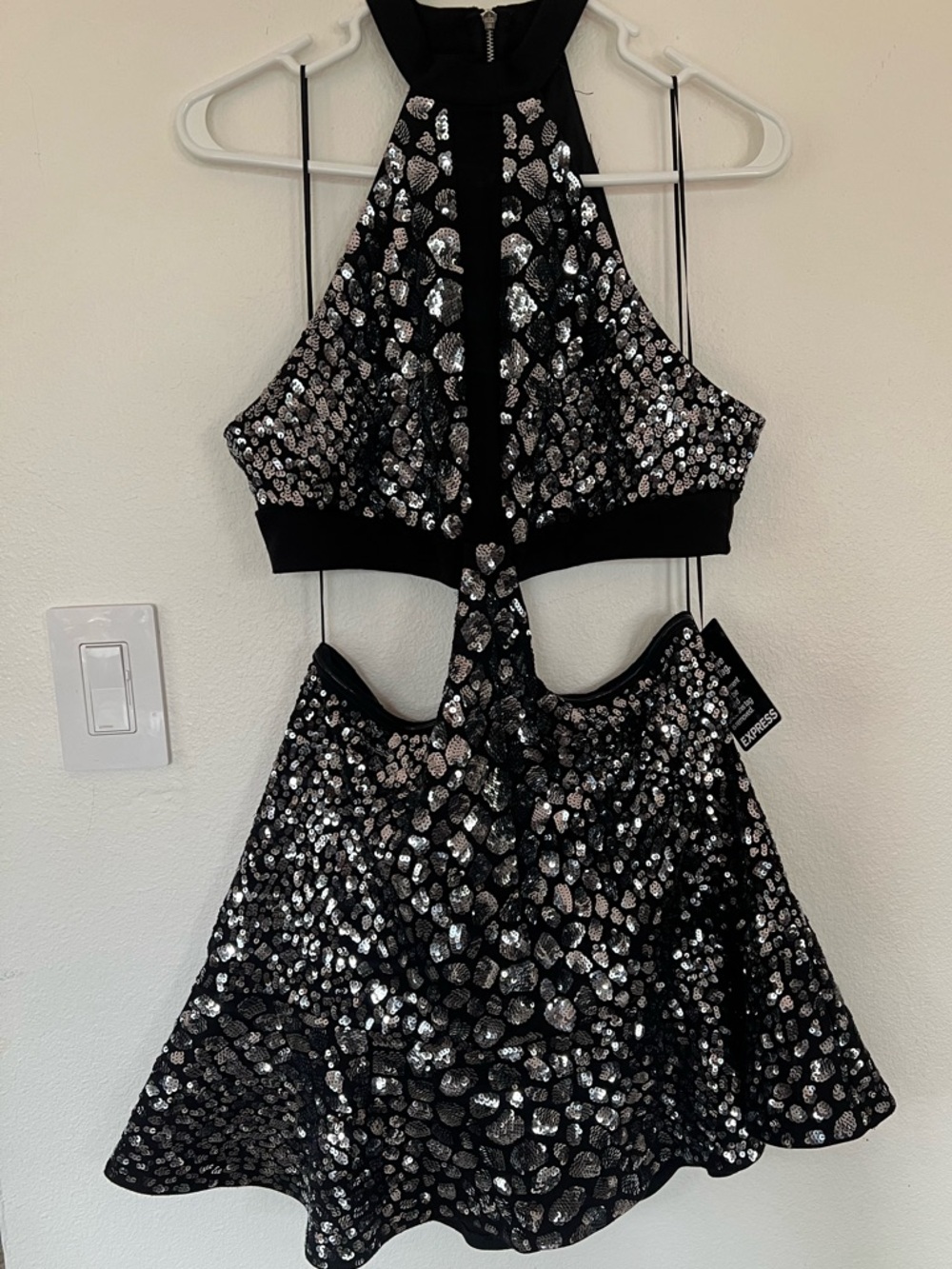 NWT Express Sequin Cutout Fit & Flare Halter Neckline Mini Dress - Picture 4 of 9